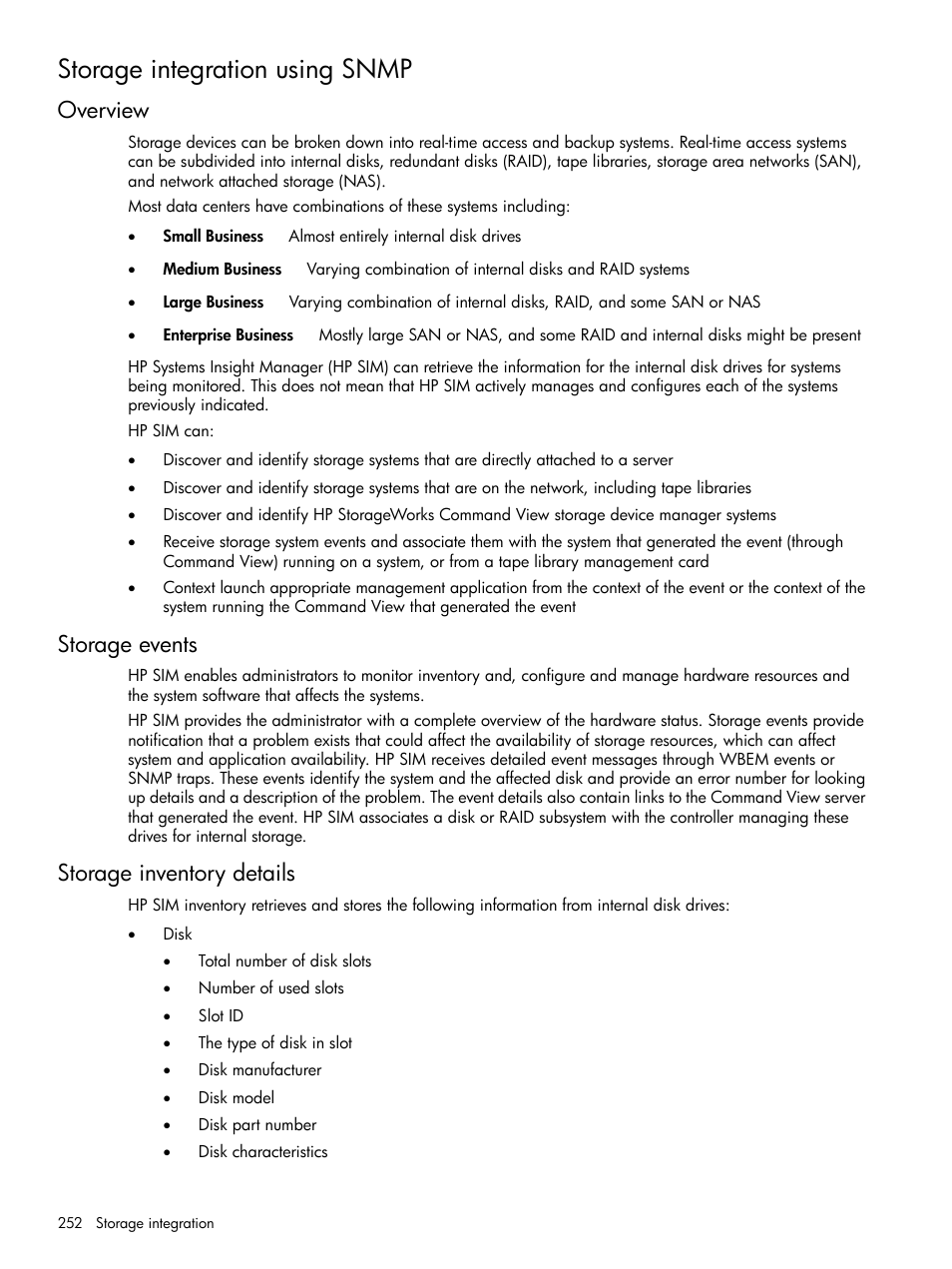 Storage integration using snmp, Overview, Storage events | Storage inventory details, Overview storage events storage inventory details | HP Systems Insight Manager User Manual | Page 252 / 679