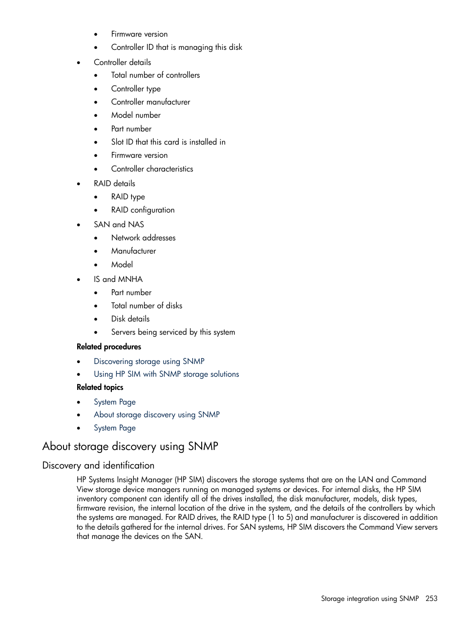 About storage discovery using snmp, Discovery and identification | HP Systems Insight Manager User Manual | Page 253 / 679