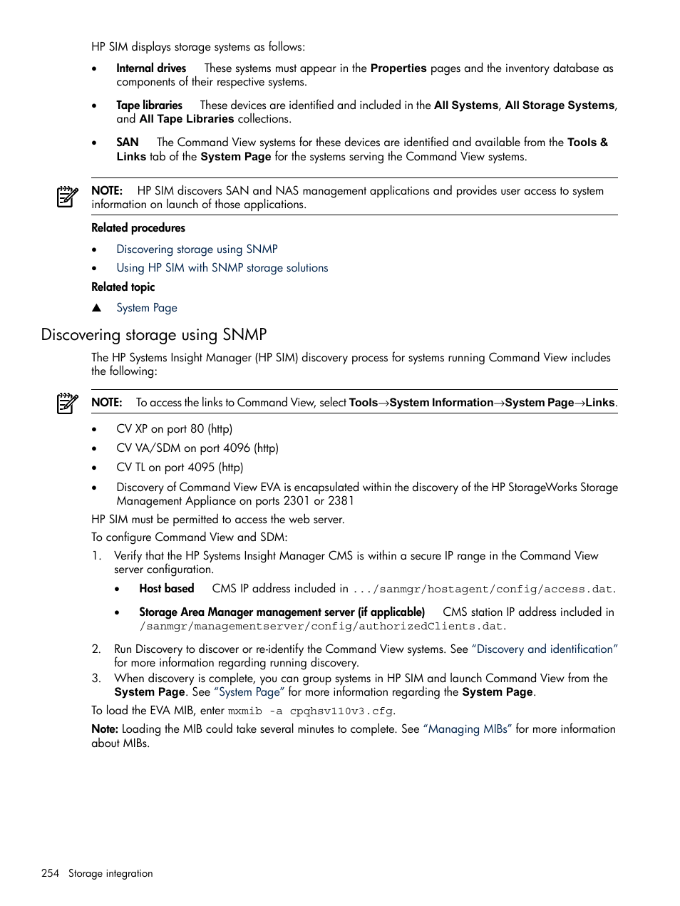 Discovering storage using snmp, Discovering storage, Using snmp | HP Systems Insight Manager User Manual | Page 254 / 679