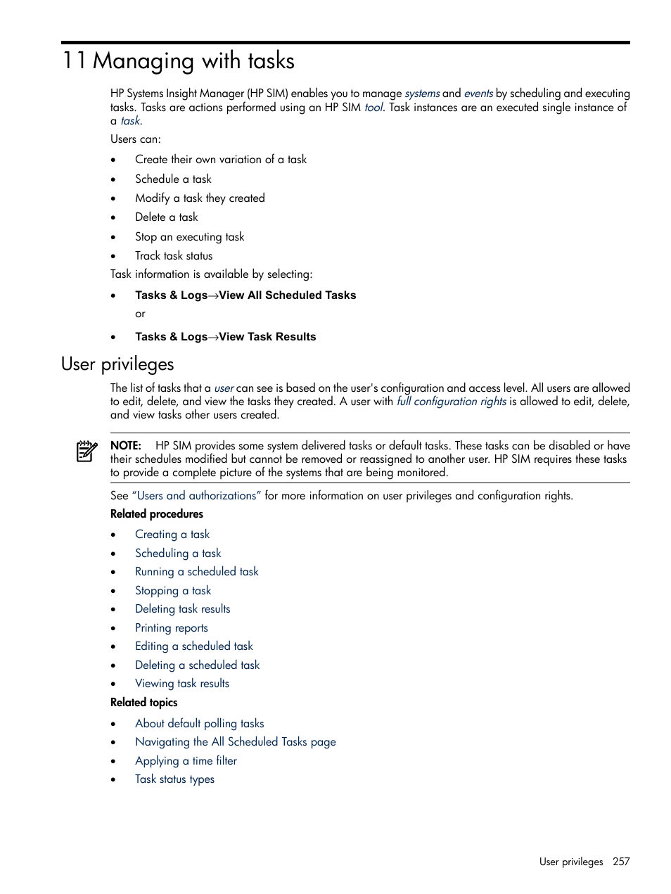 11 managing with tasks, User privileges, Managing with tasks | HP Systems Insight Manager User Manual | Page 257 / 679