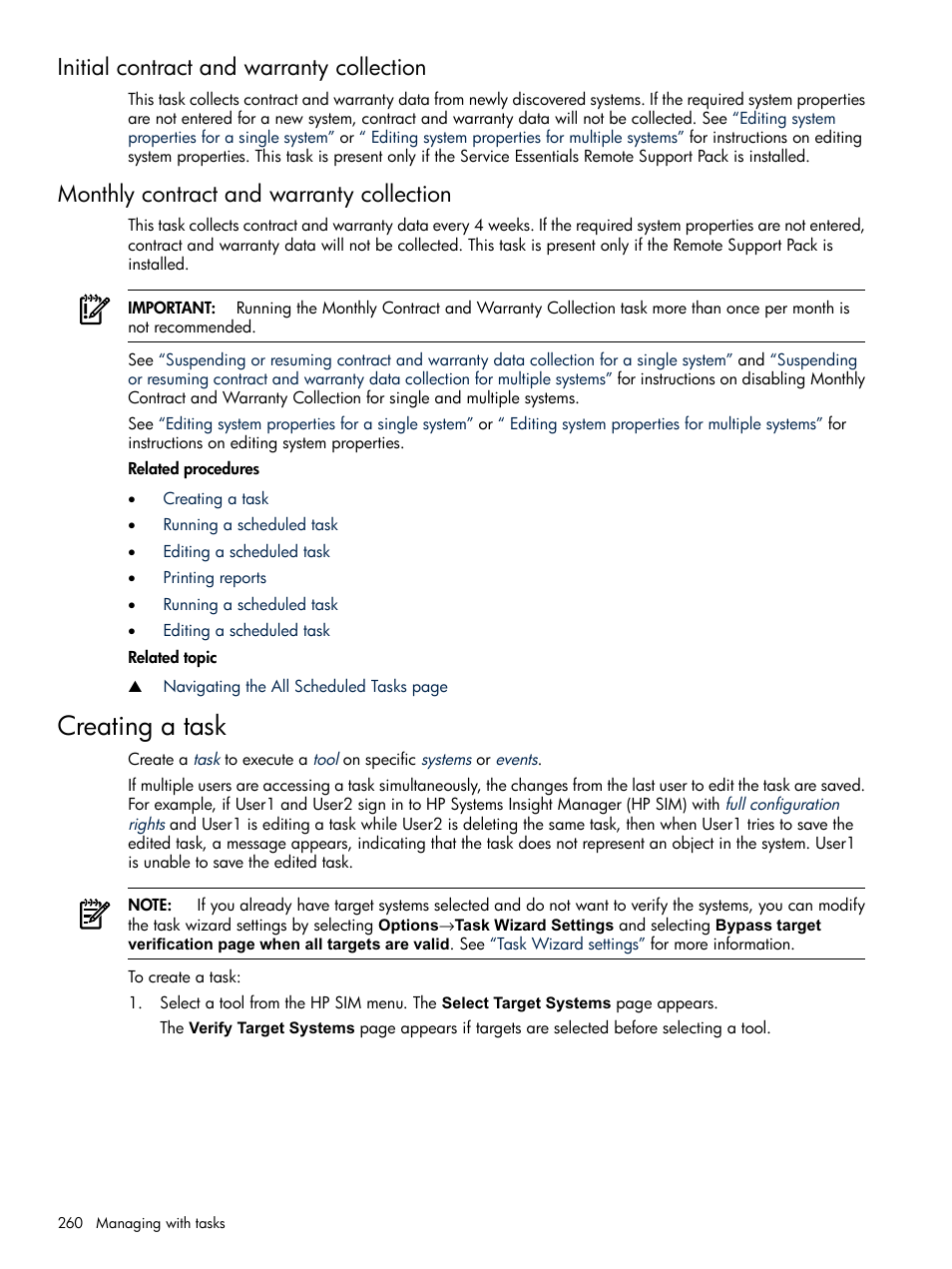 Initial contract and warranty collection, Monthly contract and warranty collection, Creating a task | HP Systems Insight Manager User Manual | Page 260 / 679