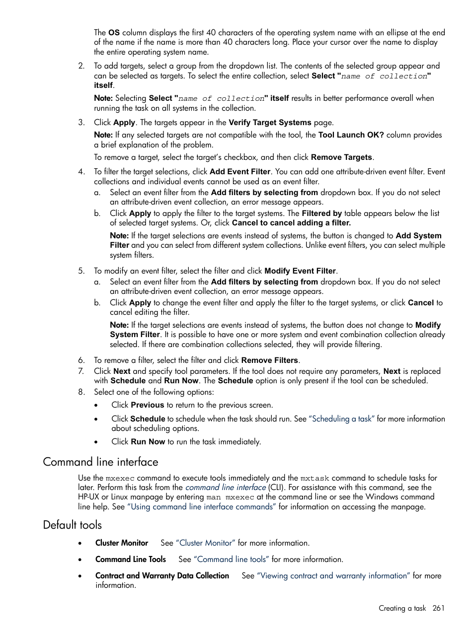 Command line interface, Default tools, Command line interface default tools | HP Systems Insight Manager User Manual | Page 261 / 679
