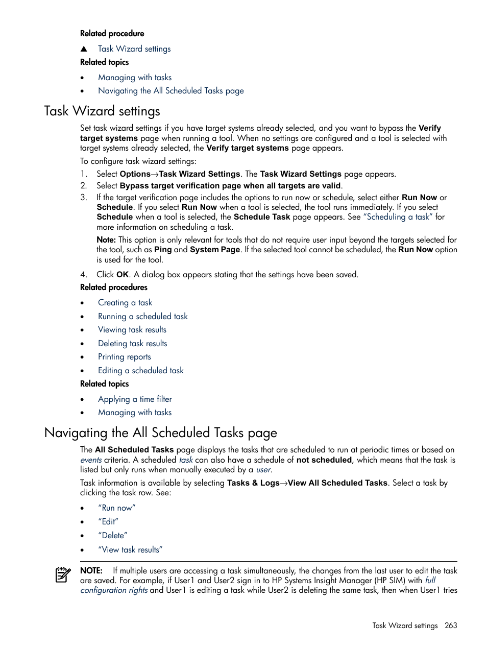 Task wizard settings, Navigating the all scheduled tasks page | HP Systems Insight Manager User Manual | Page 263 / 679