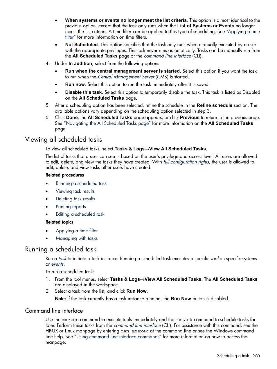 Viewing all scheduled tasks, Running a scheduled task, Command line interface | HP Systems Insight Manager User Manual | Page 265 / 679