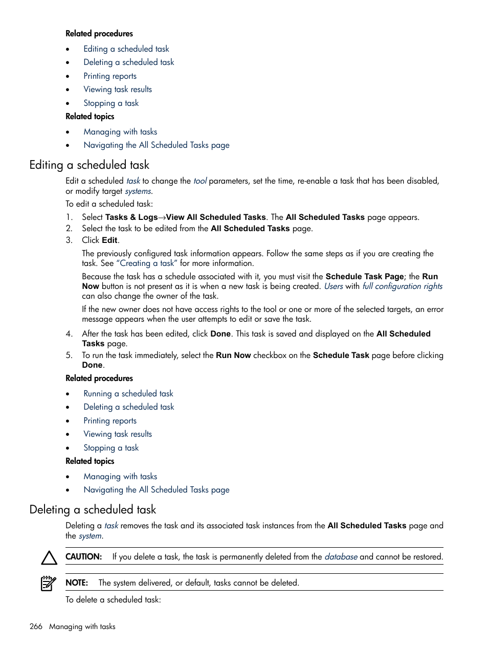 Editing a scheduled task, Deleting a scheduled task, Editing a scheduled task deleting a scheduled task | HP Systems Insight Manager User Manual | Page 266 / 679