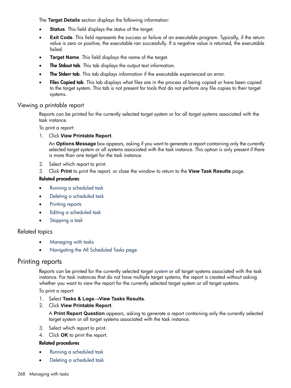 Viewing a printable report, Related topics, Printing reports | Viewing a printable report related topics | HP Systems Insight Manager User Manual | Page 268 / 679