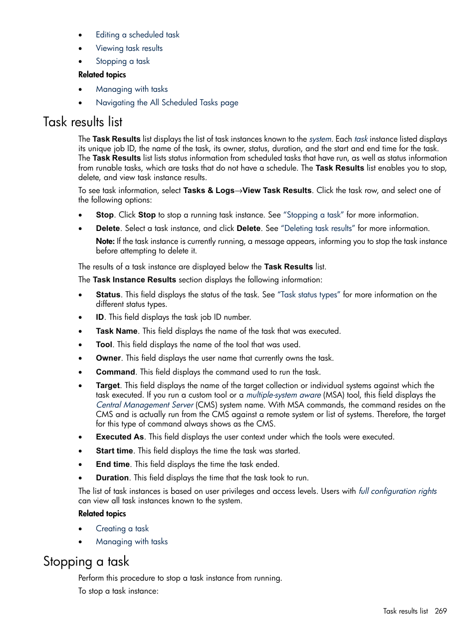 Task results list, Stopping a task, Task results list stopping a task | HP Systems Insight Manager User Manual | Page 269 / 679