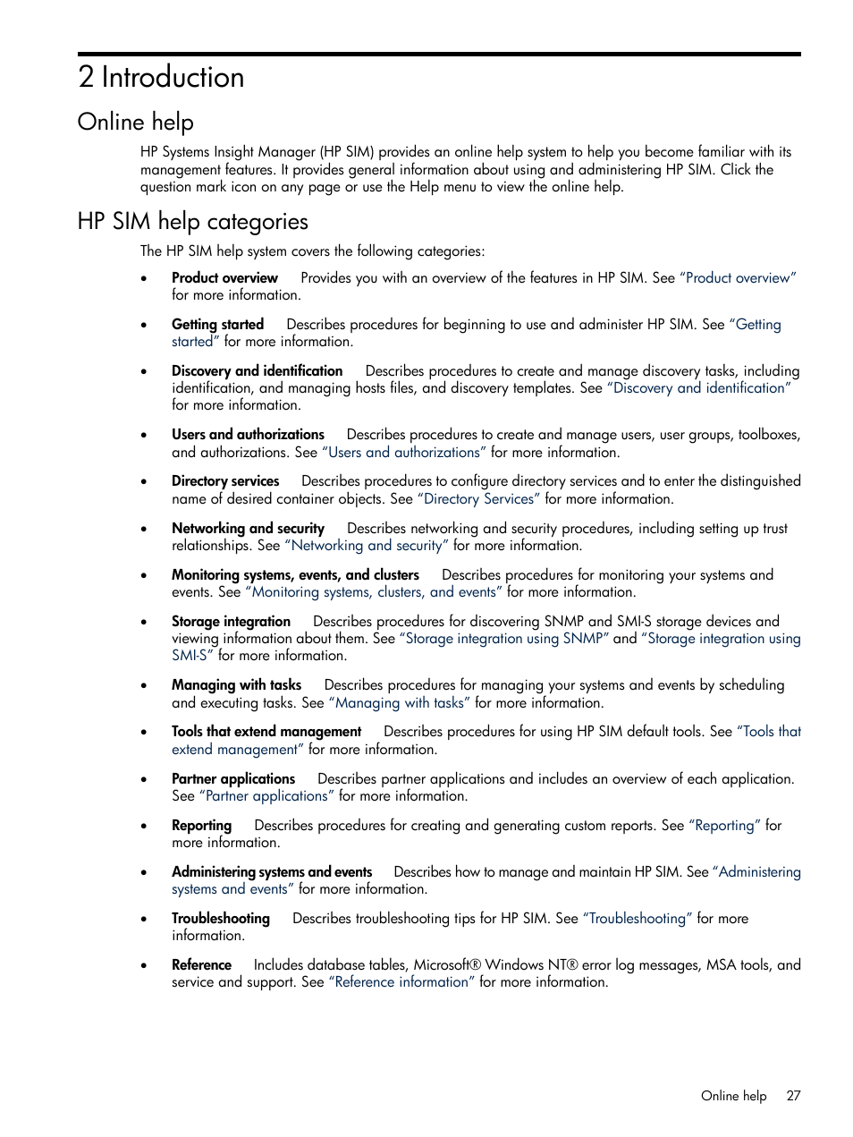 2 introduction, Online help, Hp sim help categories | Online help hp sim help categories | HP Systems Insight Manager User Manual | Page 27 / 679