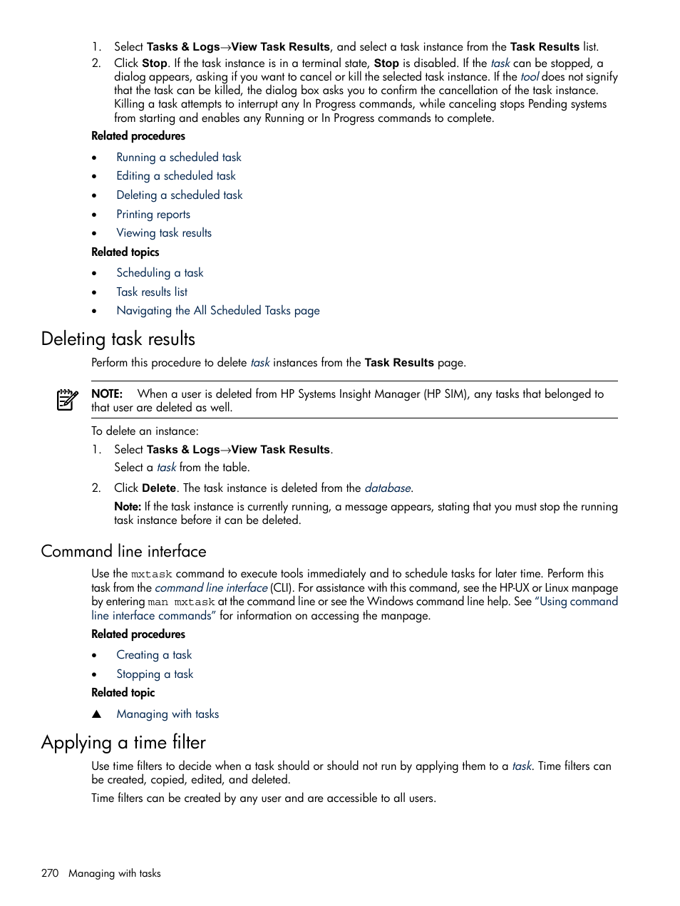 Deleting task results, Command line interface, Applying a time filter | Applying a, Time filter, Applying a time, Filter | HP Systems Insight Manager User Manual | Page 270 / 679