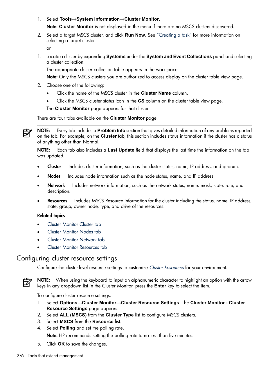 Configuring cluster resource settings | HP Systems Insight Manager User Manual | Page 276 / 679