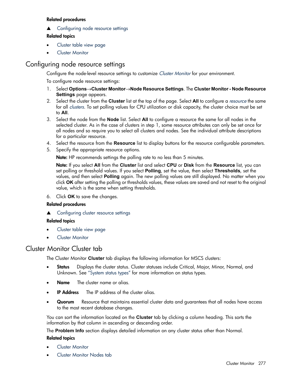 Configuring node resource settings, Cluster monitor cluster tab | HP Systems Insight Manager User Manual | Page 277 / 679
