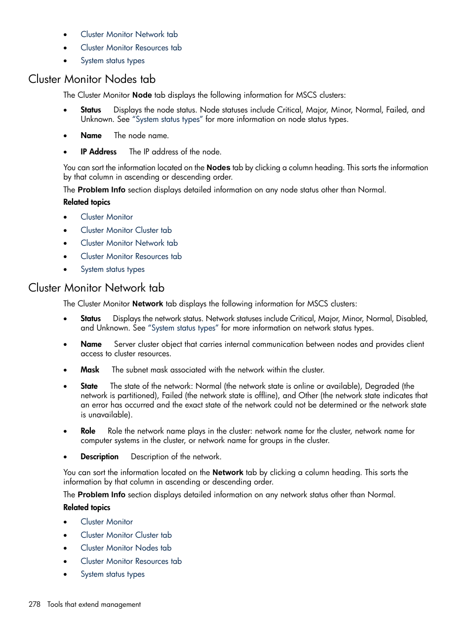 Cluster monitor nodes tab, Cluster monitor network tab | HP Systems Insight Manager User Manual | Page 278 / 679