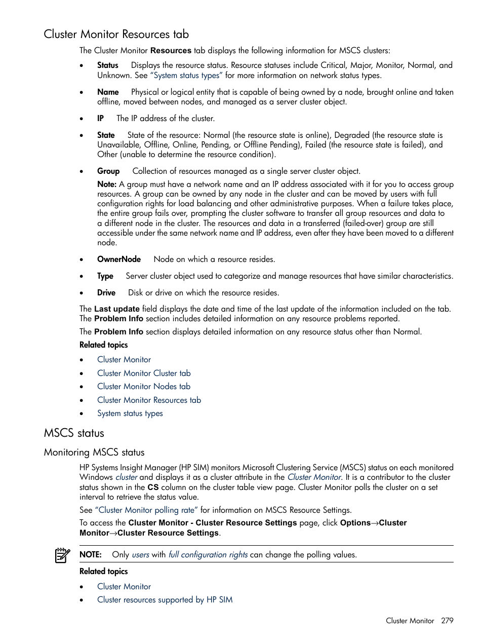 Cluster monitor resources tab, Mscs status, Monitoring mscs status | Cluster monitor resources tab mscs status | HP Systems Insight Manager User Manual | Page 279 / 679