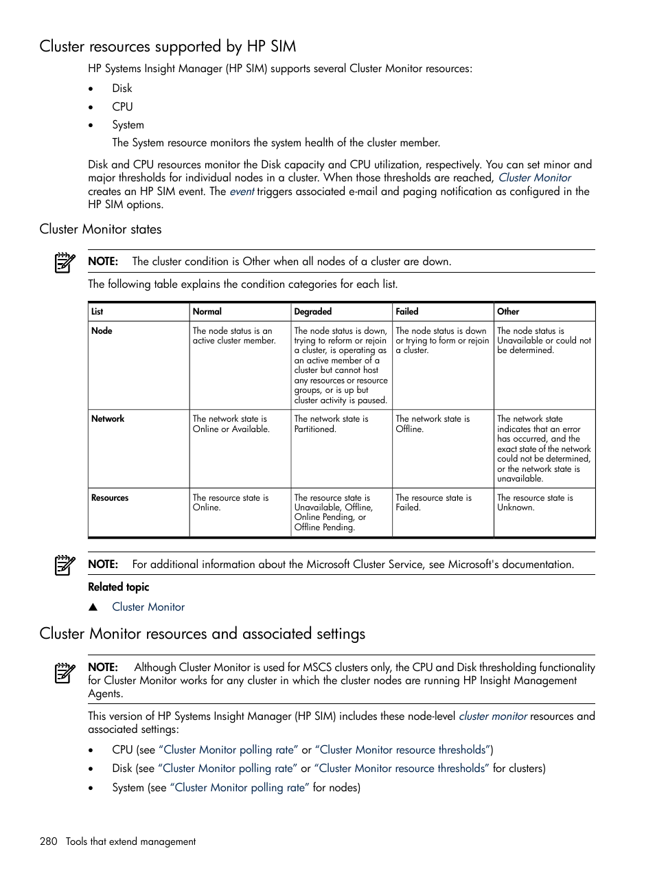 Cluster resources supported by hp sim, Cluster monitor states, Cluster monitor resources and associated settings | HP Systems Insight Manager User Manual | Page 280 / 679