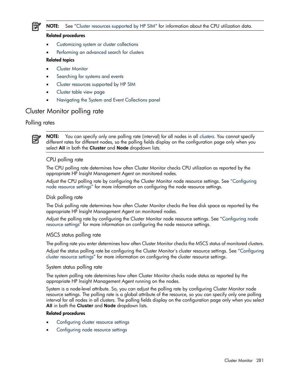 Cluster monitor polling rate, Polling rates, Cpu polling rate | Disk polling rate, Mscs status polling rate, System status polling rate | HP Systems Insight Manager User Manual | Page 281 / 679