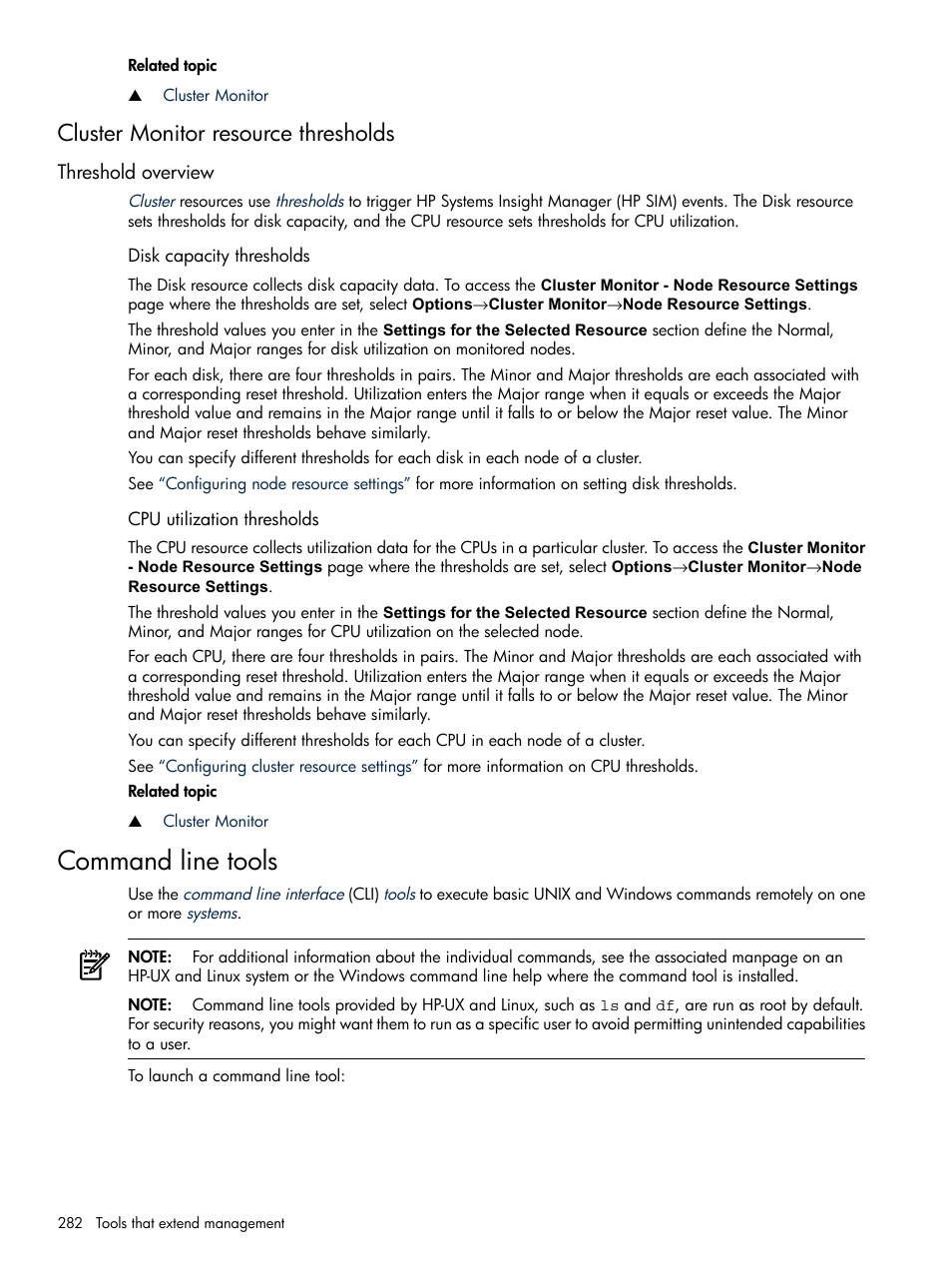 Cluster monitor resource thresholds, Threshold overview, Disk capacity thresholds | Cpu utilization thresholds, Command line tools | HP Systems Insight Manager User Manual | Page 282 / 679