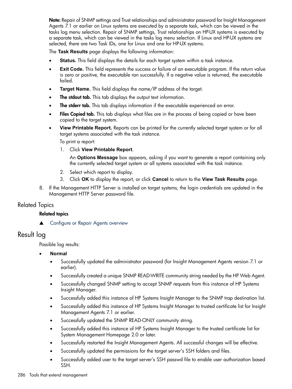 Related topics, Result log | HP Systems Insight Manager User Manual | Page 286 / 679