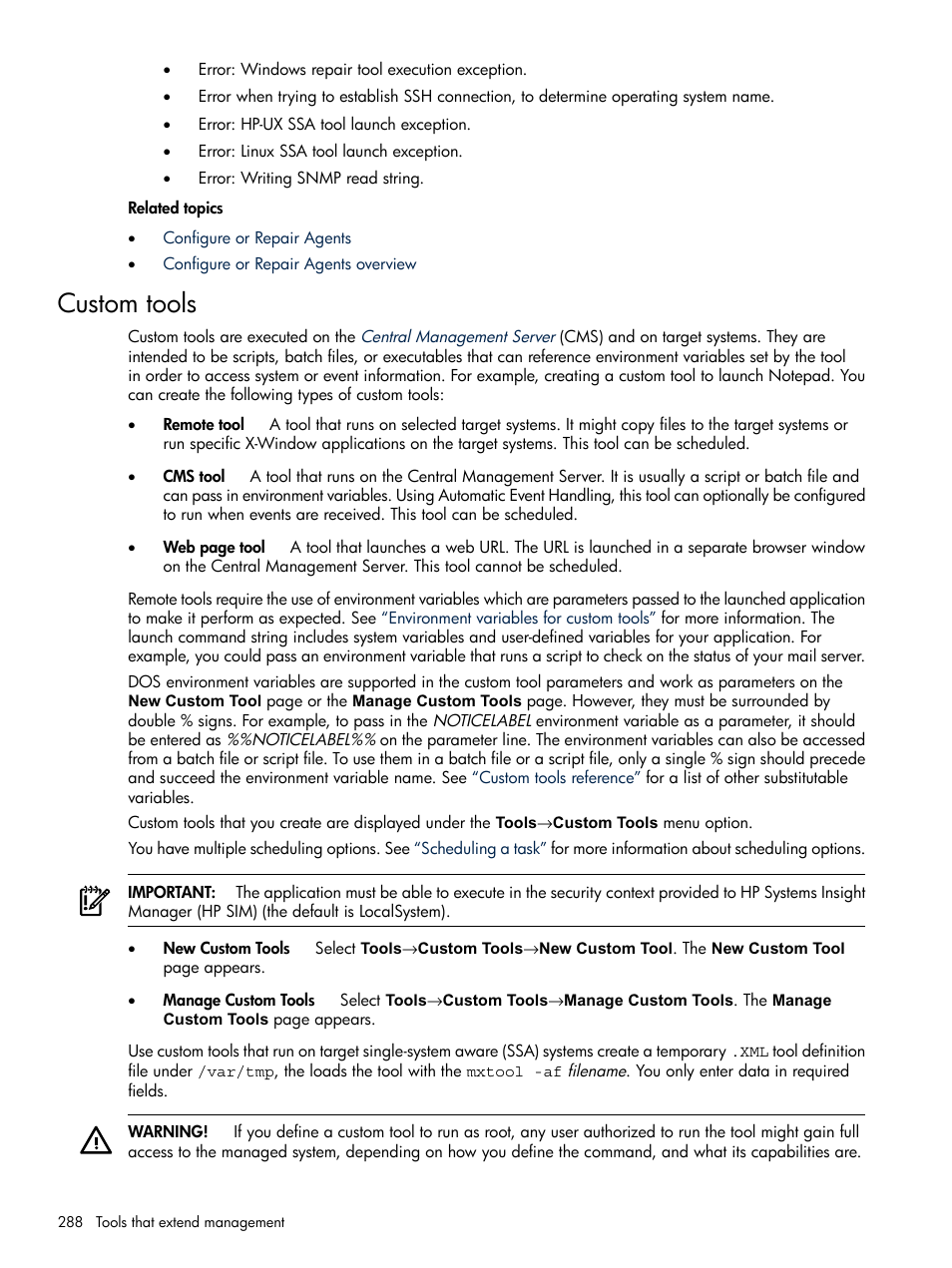 Custom tools | HP Systems Insight Manager User Manual | Page 288 / 679