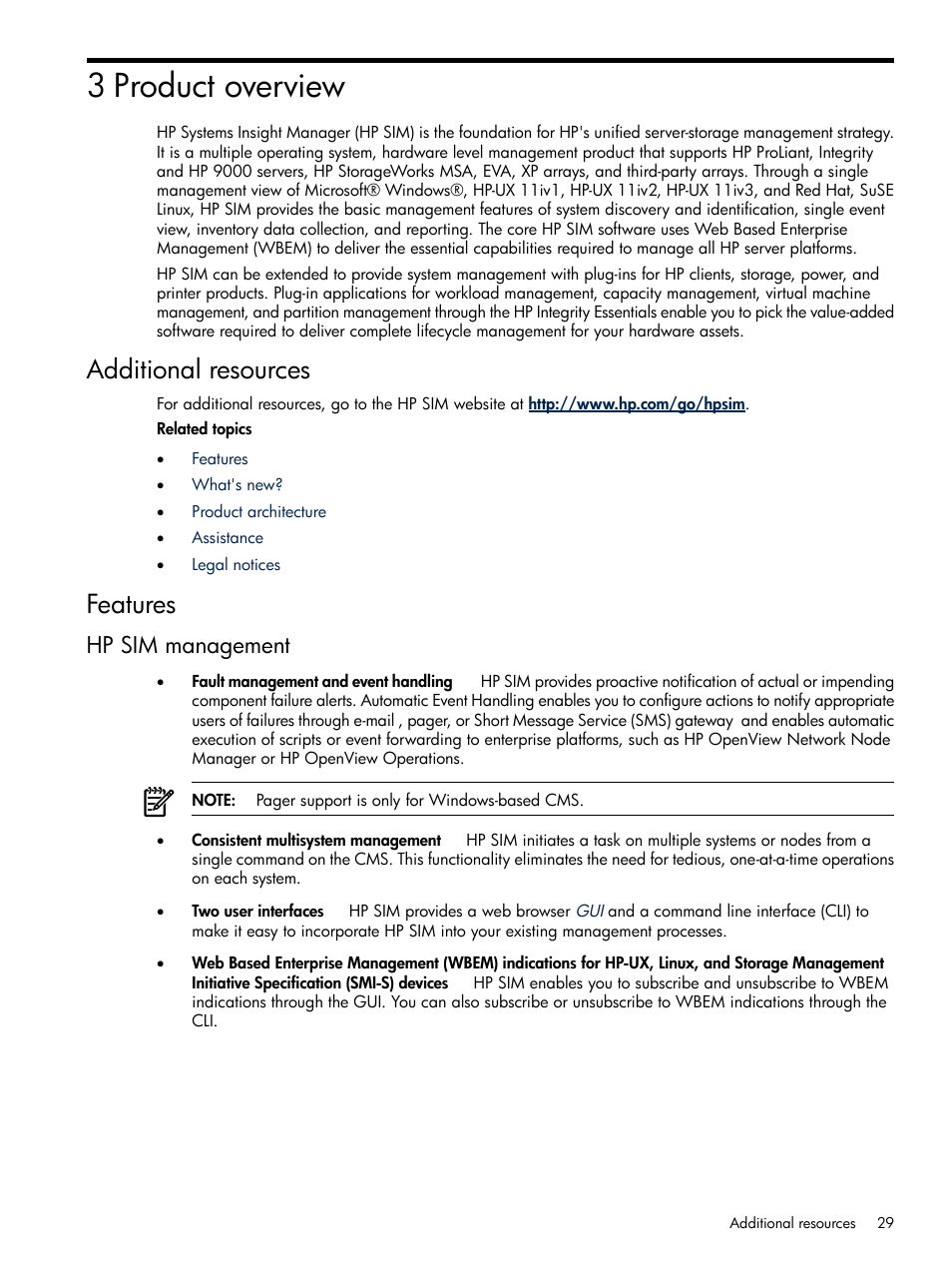 3 product overview, Additional resources, Features | Hp sim management, Additional resources features, Product overview | HP Systems Insight Manager User Manual | Page 29 / 679
