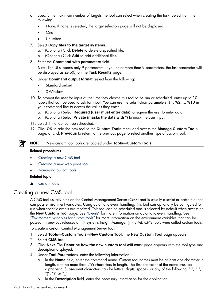 Creating a new cms tool | HP Systems Insight Manager User Manual | Page 290 / 679