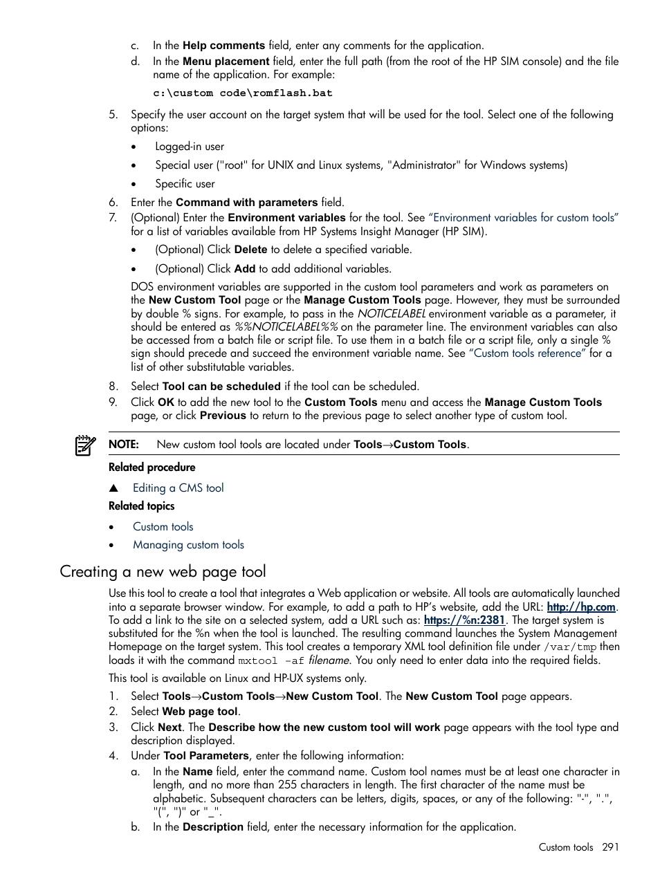 Creating a new web page tool | HP Systems Insight Manager User Manual | Page 291 / 679