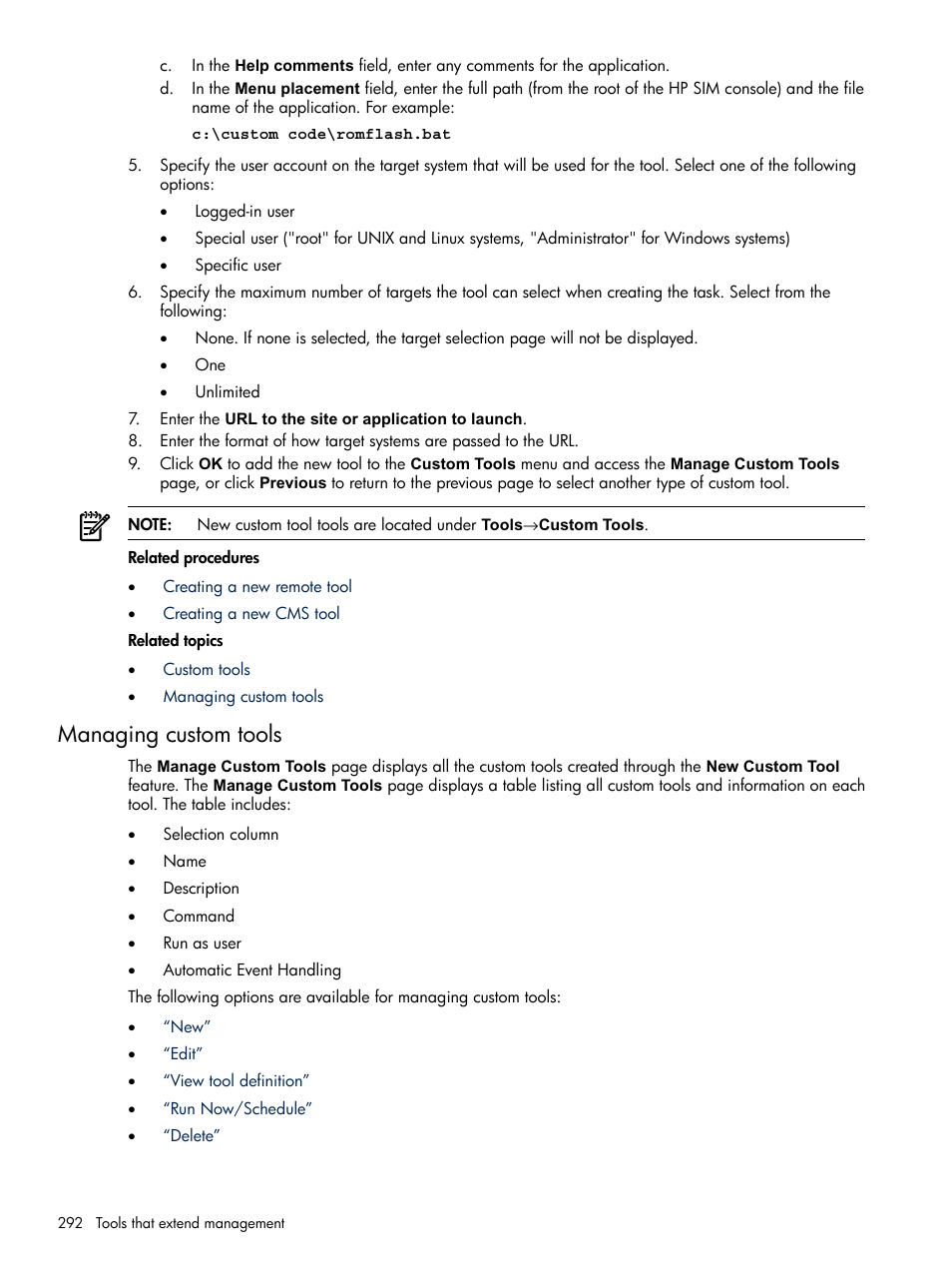 Managing custom tools | HP Systems Insight Manager User Manual | Page 292 / 679