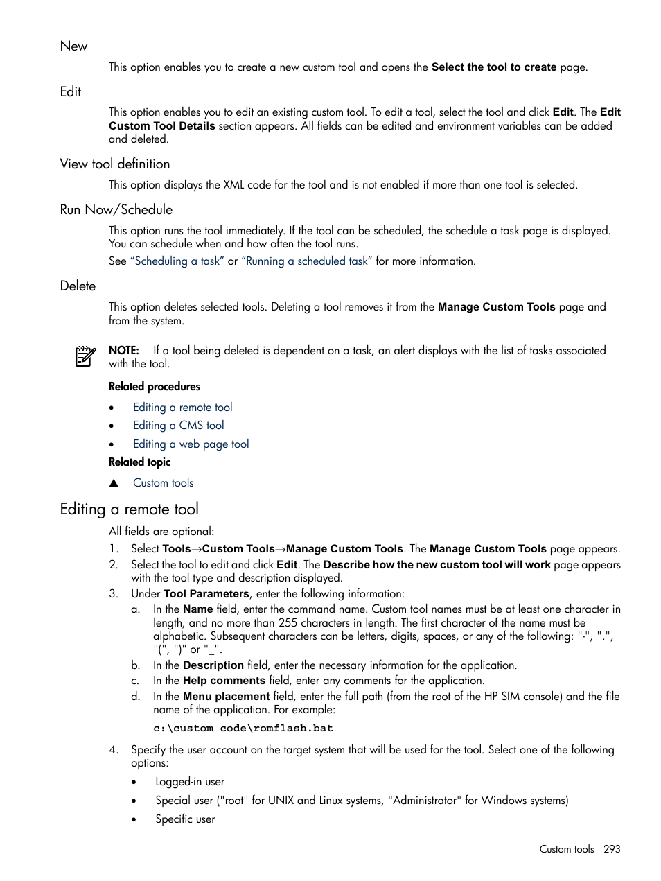 Edit, View tool definition, Run now/schedule | Delete, Editing a remote tool | HP Systems Insight Manager User Manual | Page 293 / 679