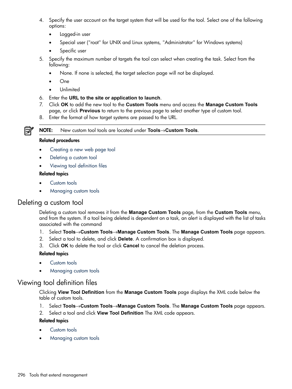 Deleting a custom tool, Viewing tool definition files | HP Systems Insight Manager User Manual | Page 296 / 679