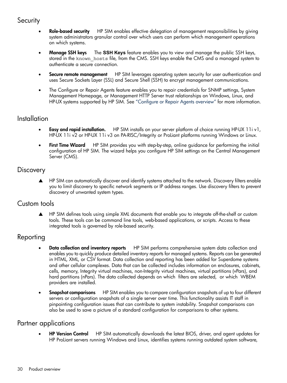 Security, Installation, Discovery | Custom tools, Reporting, Partner applications | HP Systems Insight Manager User Manual | Page 30 / 679
