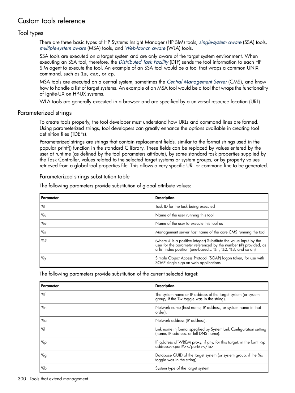 Custom tools reference, Tool types, Parameterized strings | Parameterized strings substitution table | HP Systems Insight Manager User Manual | Page 300 / 679