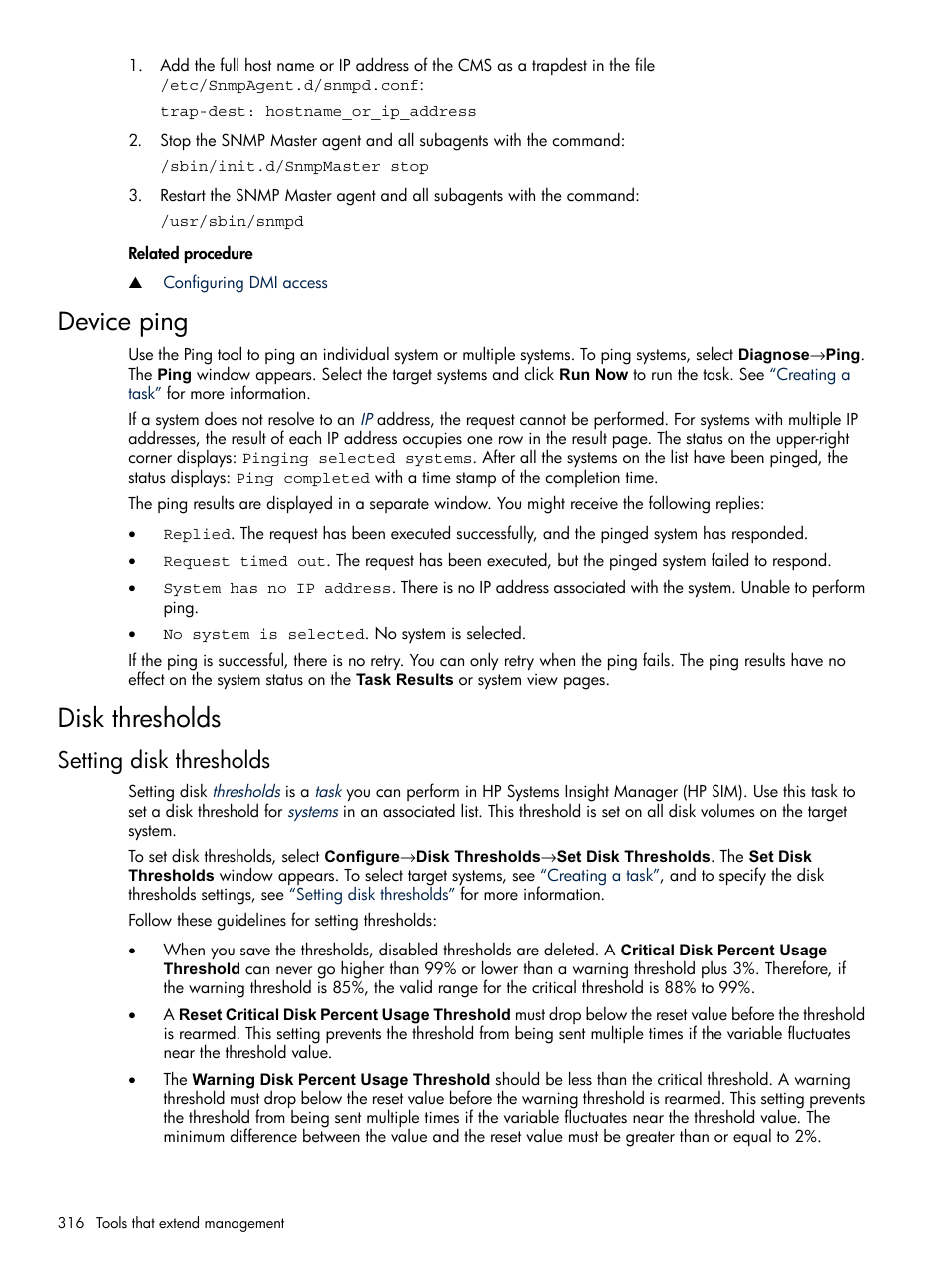 Device ping, Disk thresholds, Setting disk thresholds | Device ping disk thresholds | HP Systems Insight Manager User Manual | Page 316 / 679