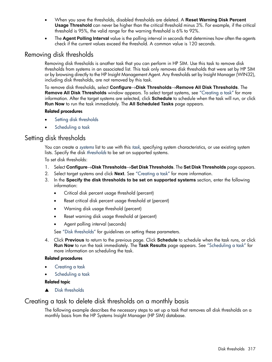 Removing disk thresholds, Setting disk thresholds | HP Systems Insight Manager User Manual | Page 317 / 679