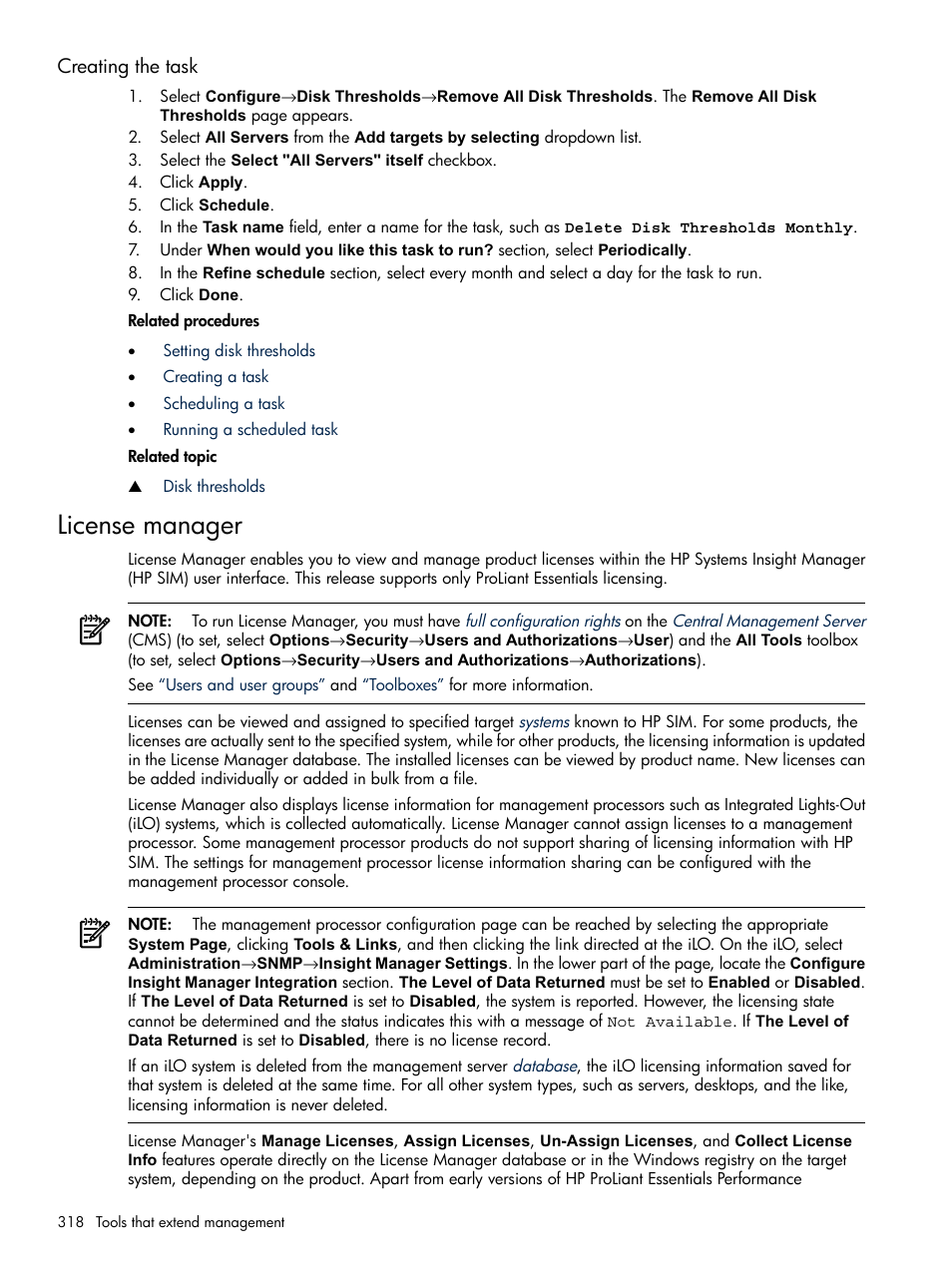 Creating the task, License manager | HP Systems Insight Manager User Manual | Page 318 / 679