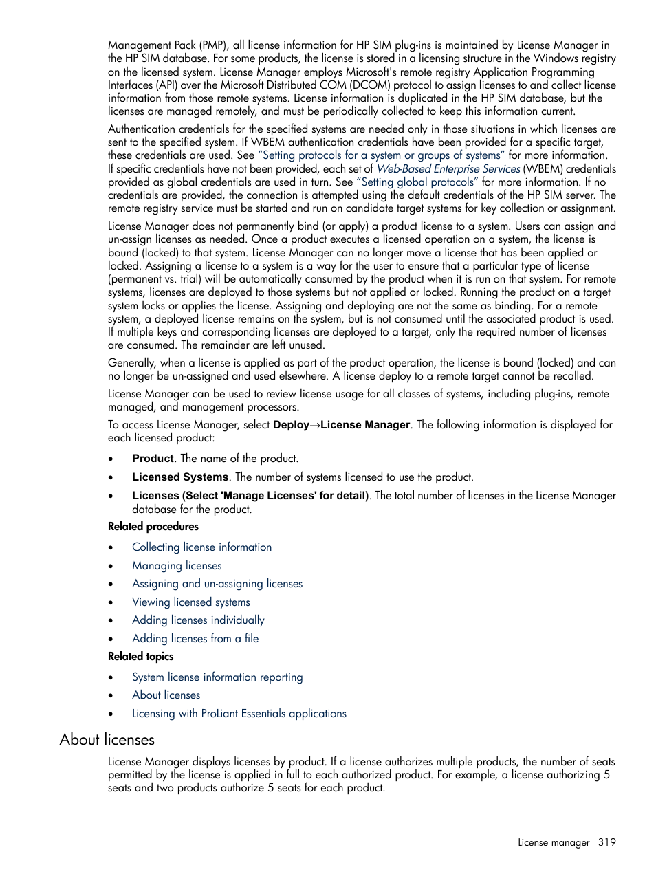 About licenses | HP Systems Insight Manager User Manual | Page 319 / 679