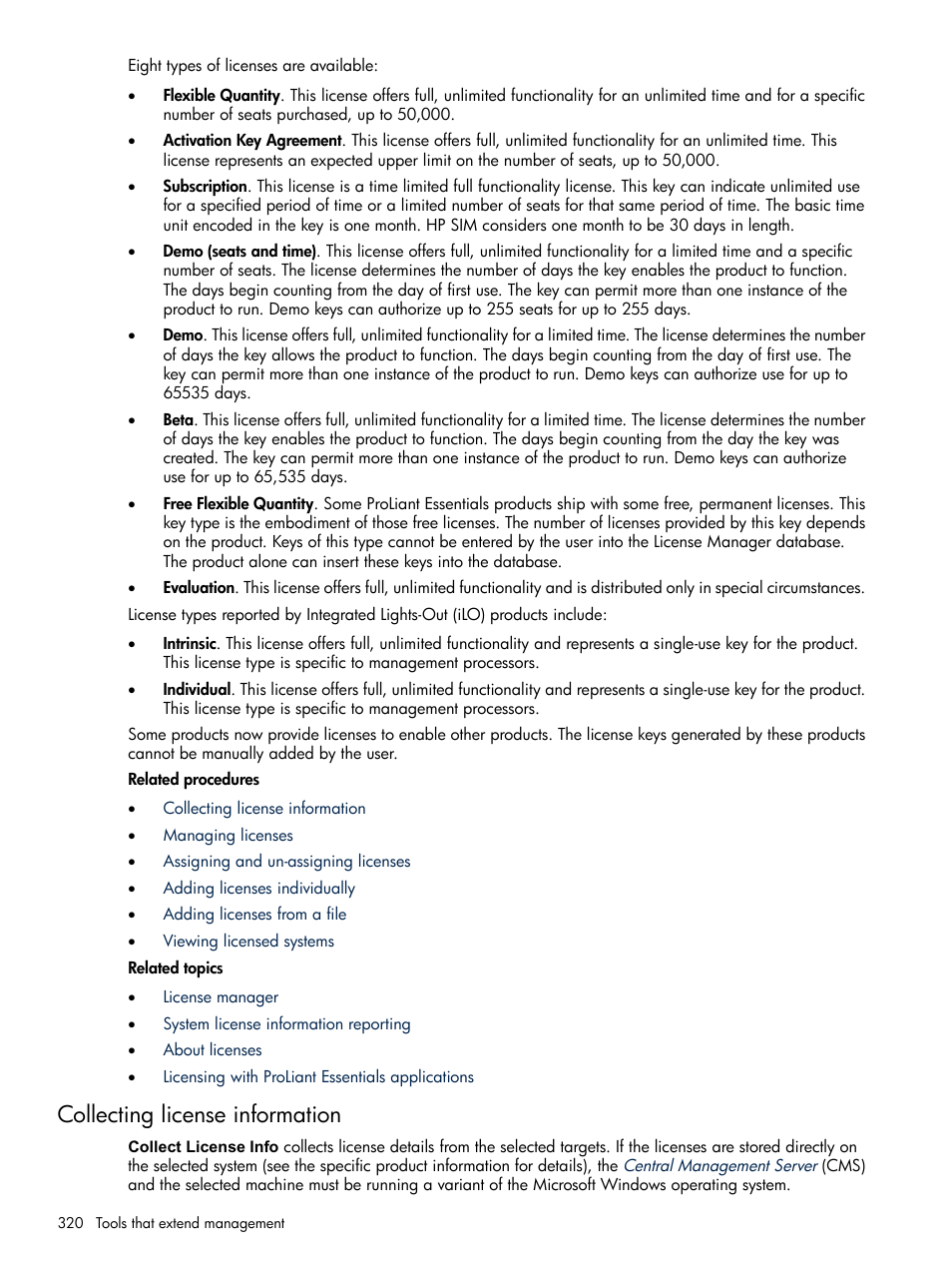 Collecting license information | HP Systems Insight Manager User Manual | Page 320 / 679