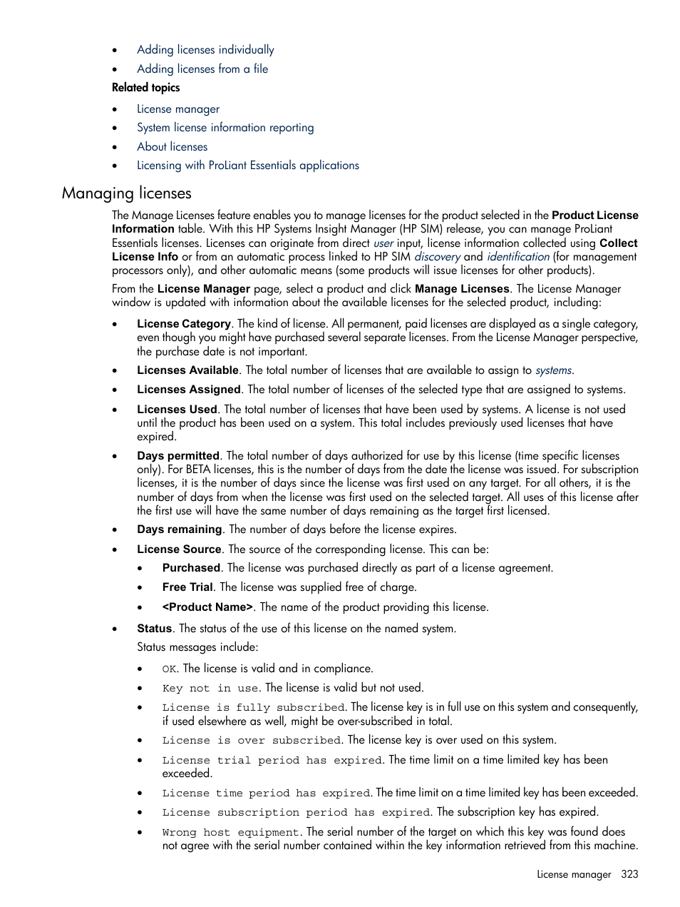 Managing licenses | HP Systems Insight Manager User Manual | Page 323 / 679