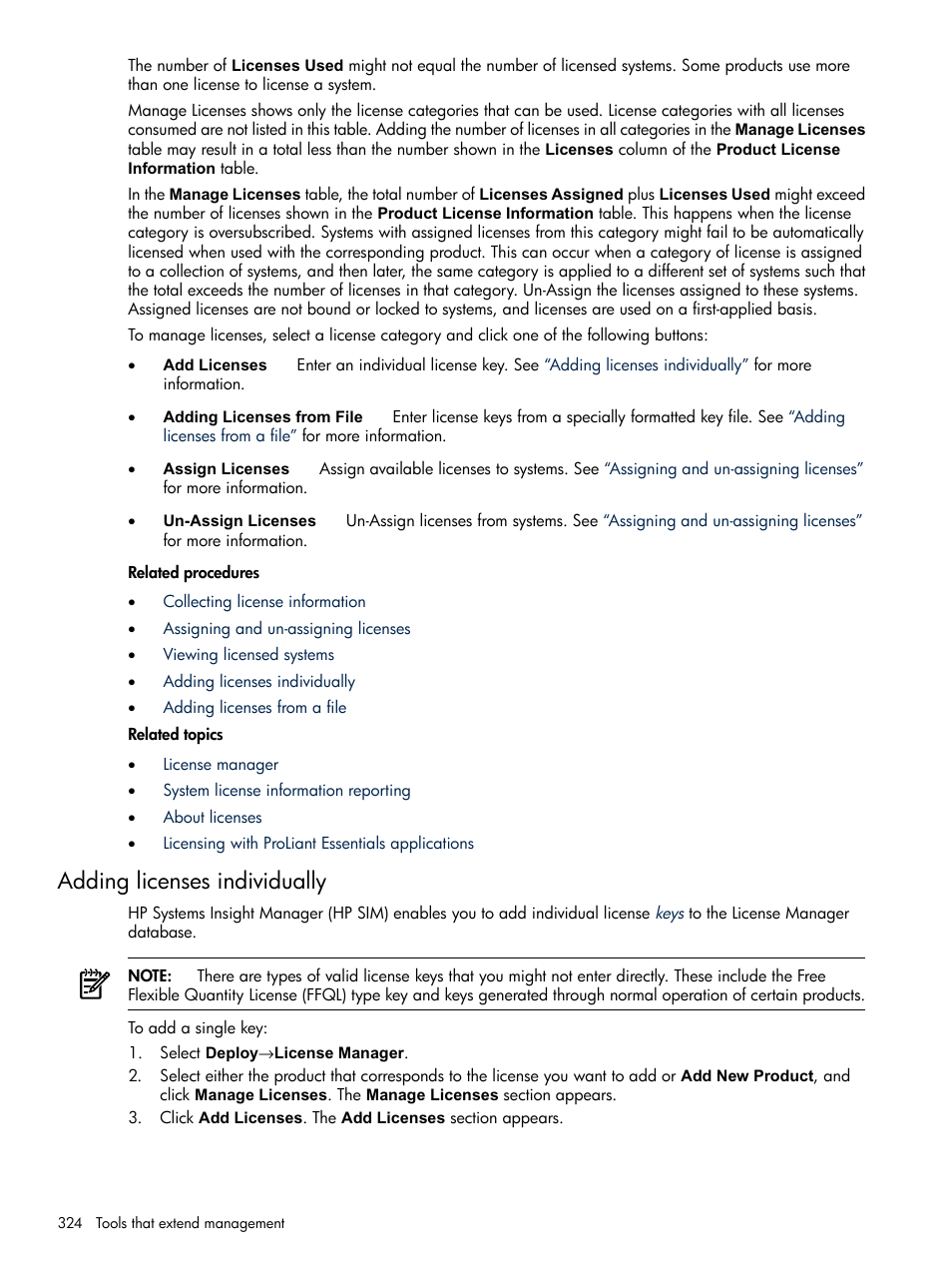 Adding licenses individually | HP Systems Insight Manager User Manual | Page 324 / 679