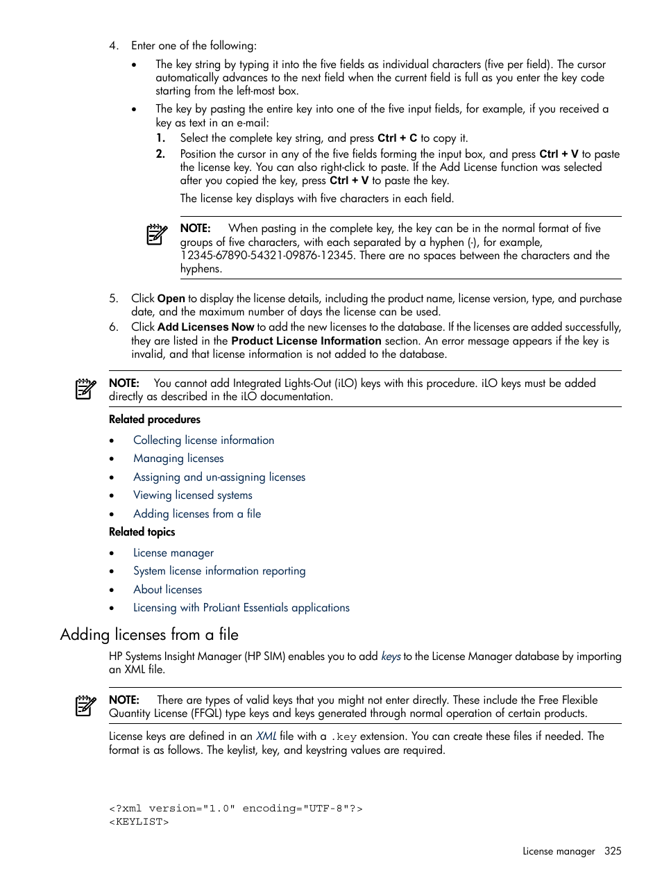 Adding licenses from a file, Adding, Licenses from a file | HP Systems Insight Manager User Manual | Page 325 / 679