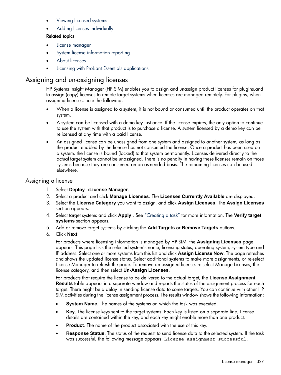 Assigning and un-assigning licenses, Assigning a license | HP Systems Insight Manager User Manual | Page 327 / 679