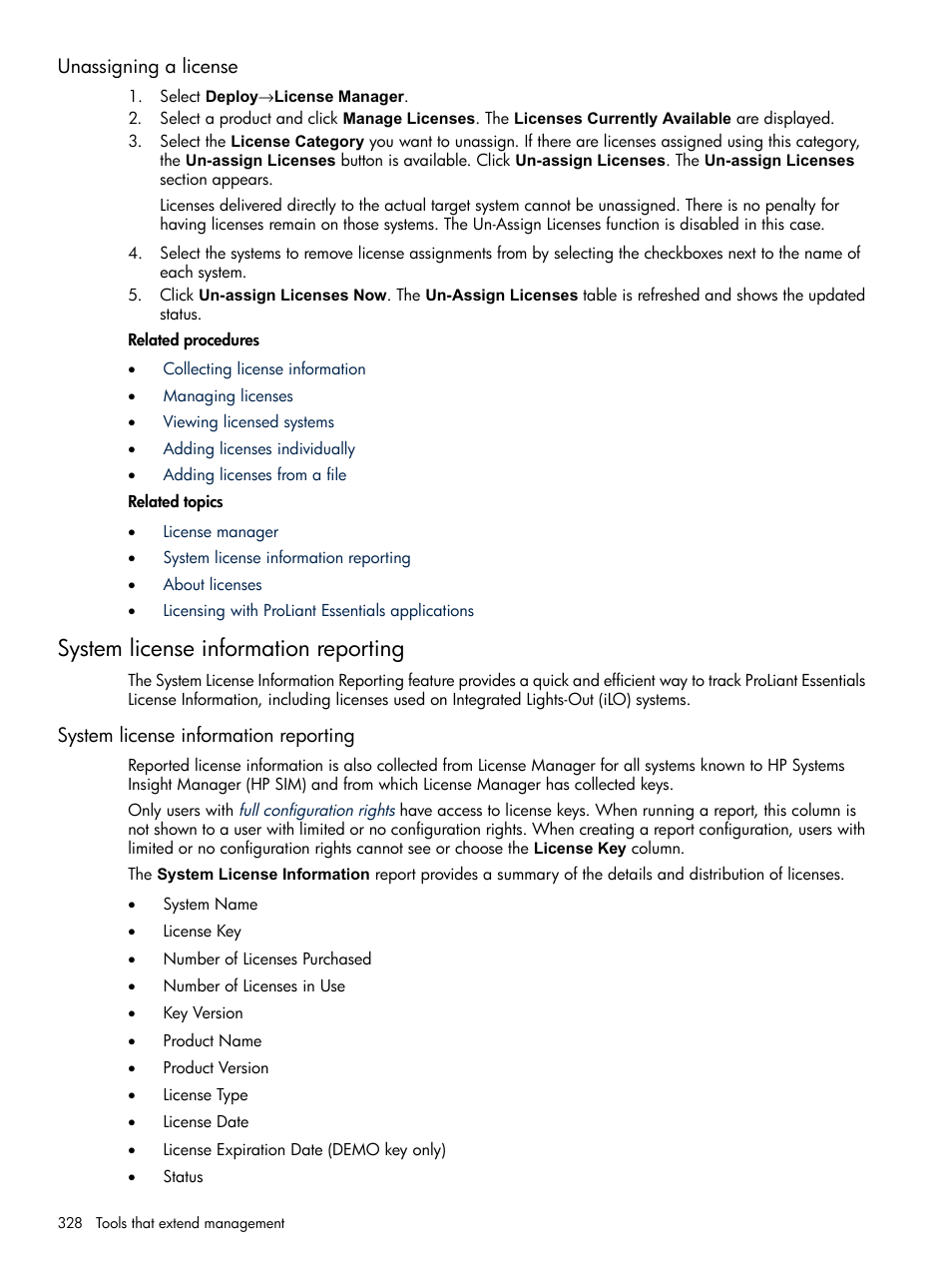 Unassigning a license, System license information reporting | HP Systems Insight Manager User Manual | Page 328 / 679