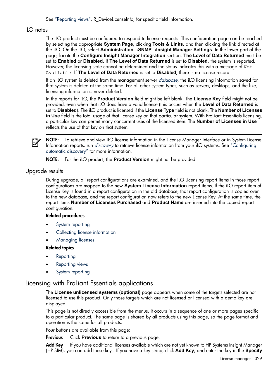 Ilo notes, Upgrade results, Licensing with proliant essentials applications | Ilo notes upgrade results | HP Systems Insight Manager User Manual | Page 329 / 679