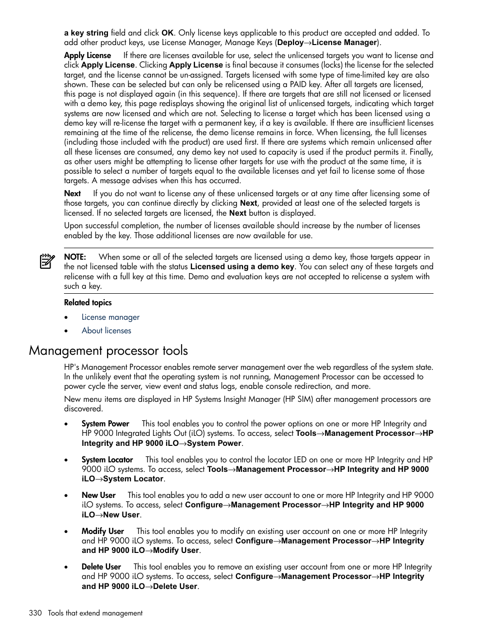 Management processor tools | HP Systems Insight Manager User Manual | Page 330 / 679