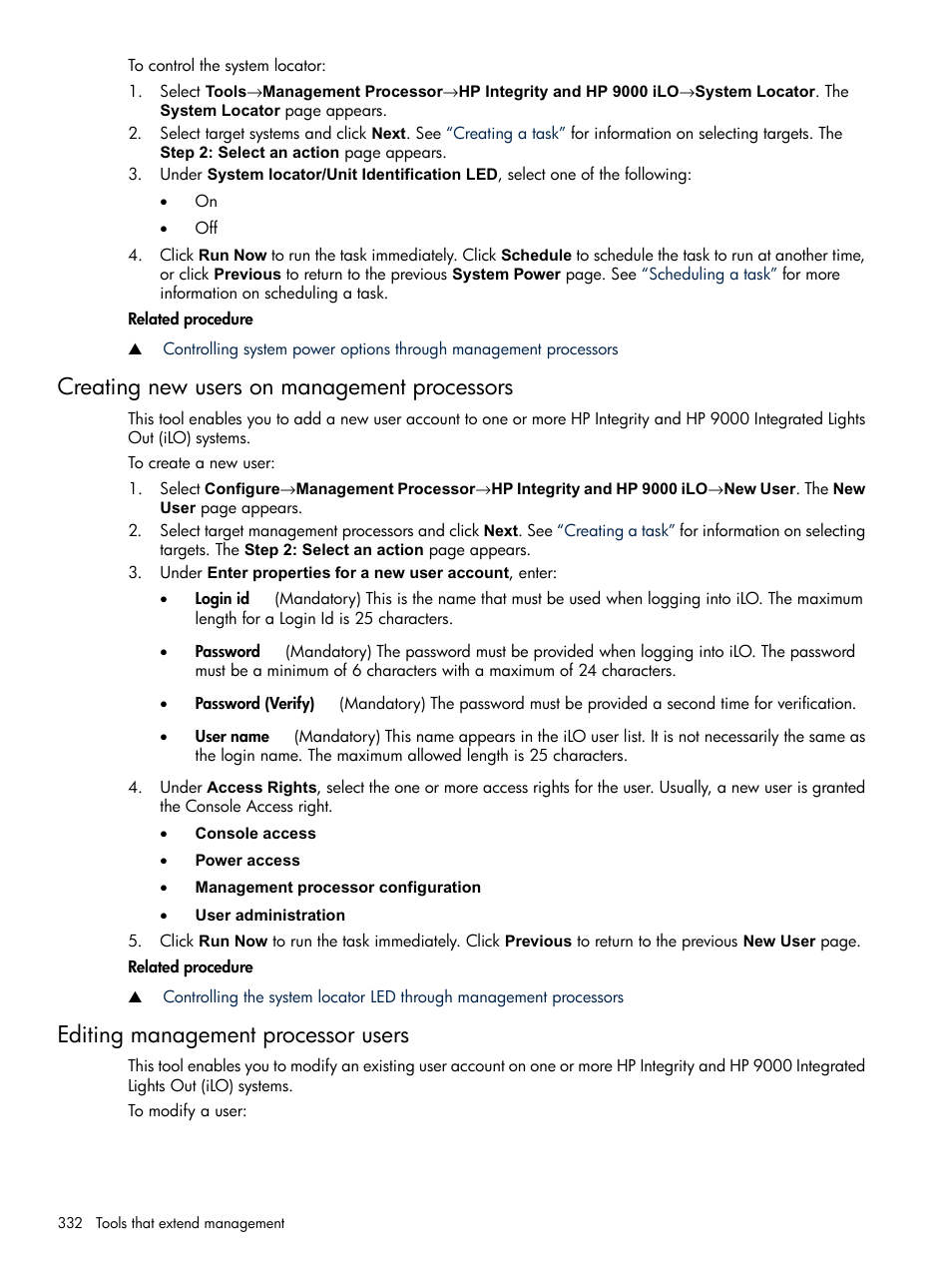 Creating new users on management processors, Editing management processor users | HP Systems Insight Manager User Manual | Page 332 / 679