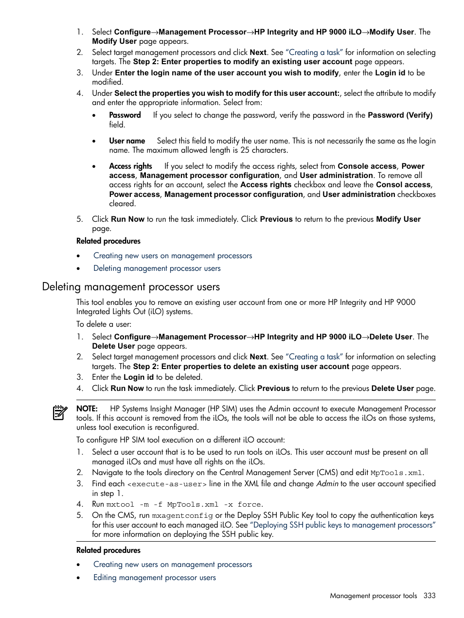 Deleting management processor users | HP Systems Insight Manager User Manual | Page 333 / 679