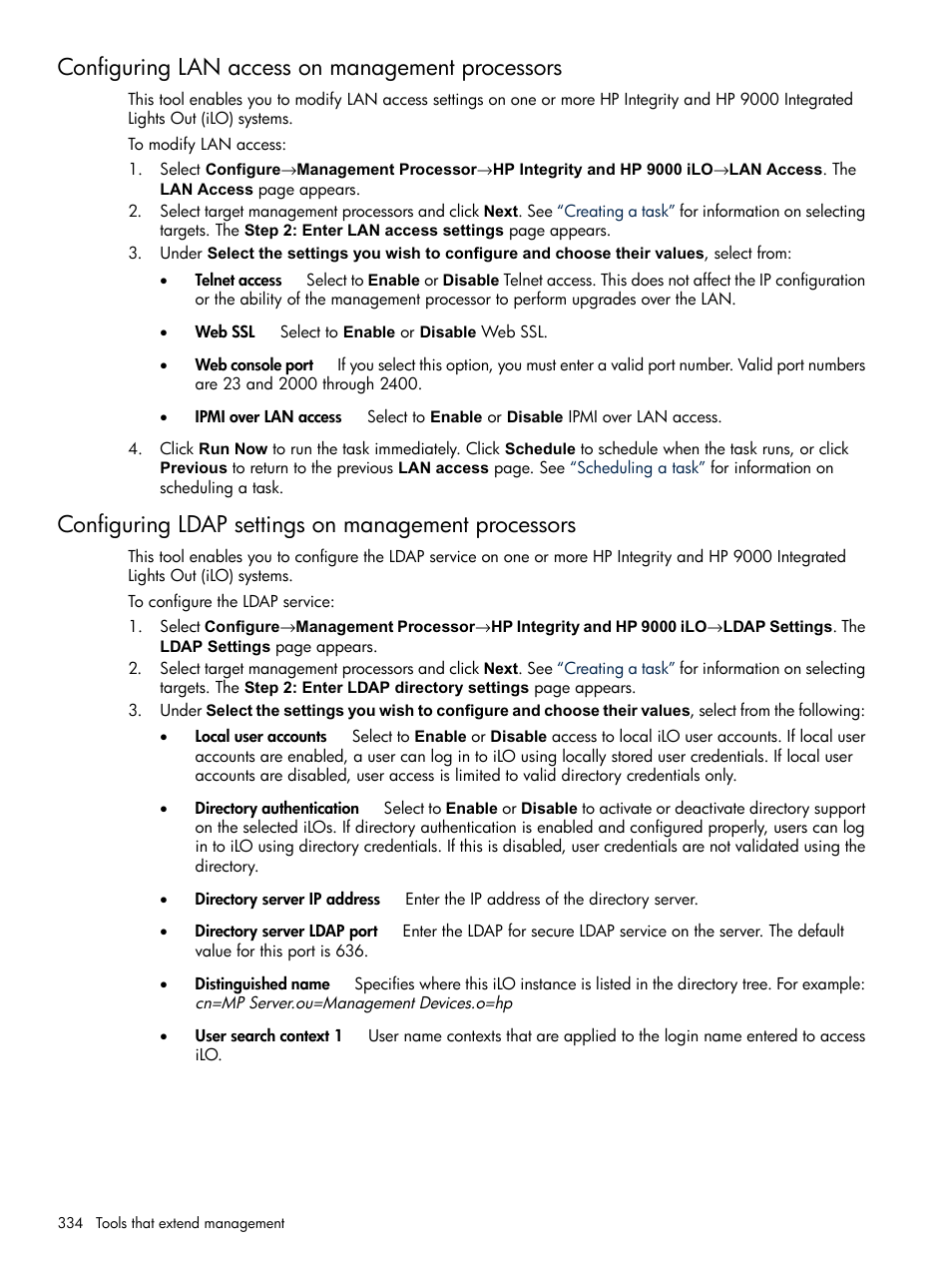 Configuring lan access on management processors, Configuring ldap settings on management processors | HP Systems Insight Manager User Manual | Page 334 / 679