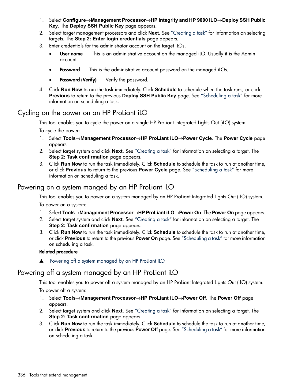 Cycling on the power on an hp proliant ilo, Powering on a system manged by an hp proliant ilo | HP Systems Insight Manager User Manual | Page 336 / 679