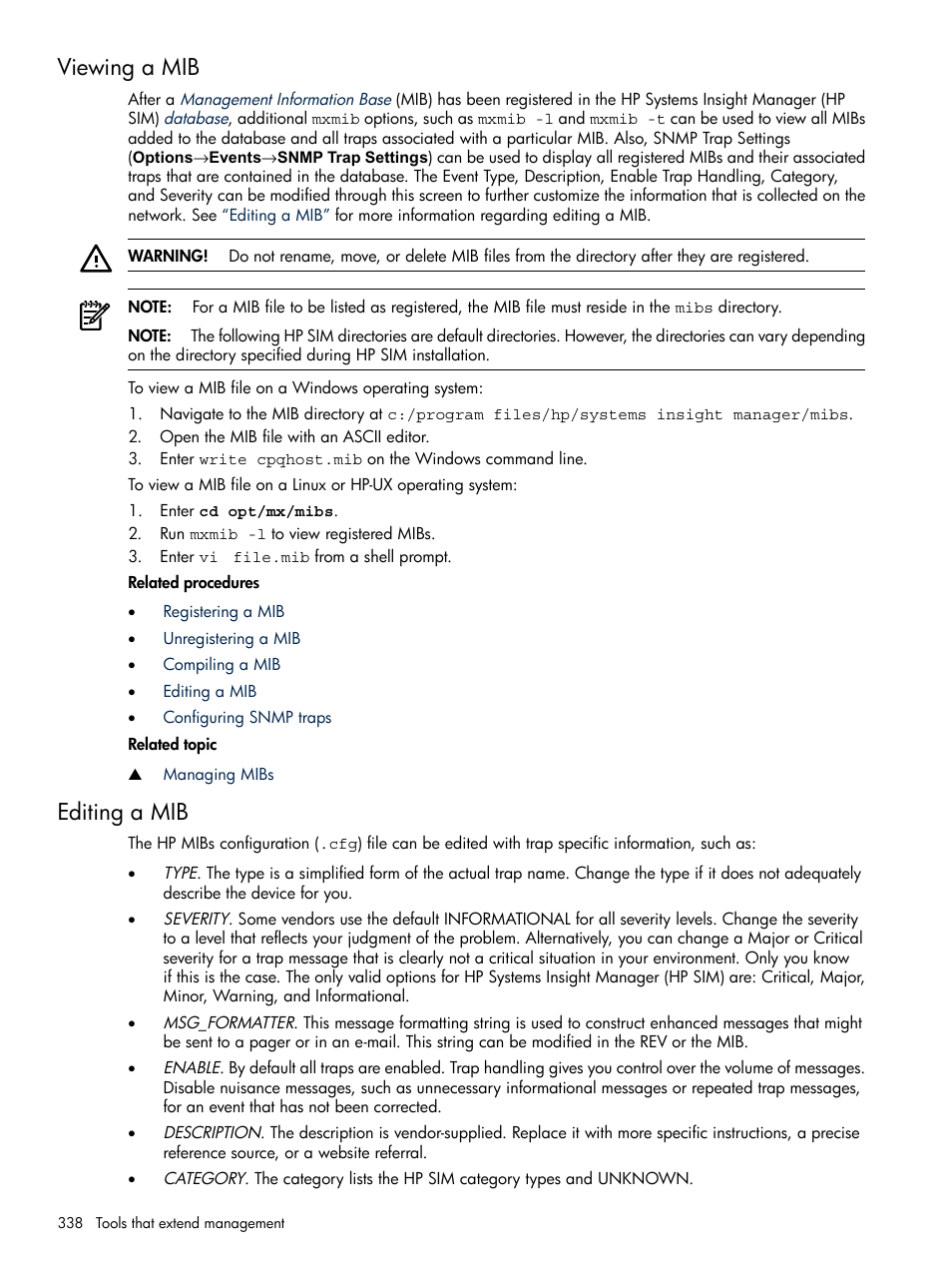 Viewing a mib, Editing a mib, Viewing a mib editing a mib | HP Systems Insight Manager User Manual | Page 338 / 679