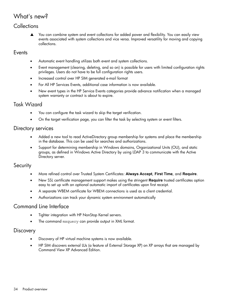 What's new, Collections, Events | Task wizard, Directory services, Security, Command line interface, Discovery | HP Systems Insight Manager User Manual | Page 34 / 679