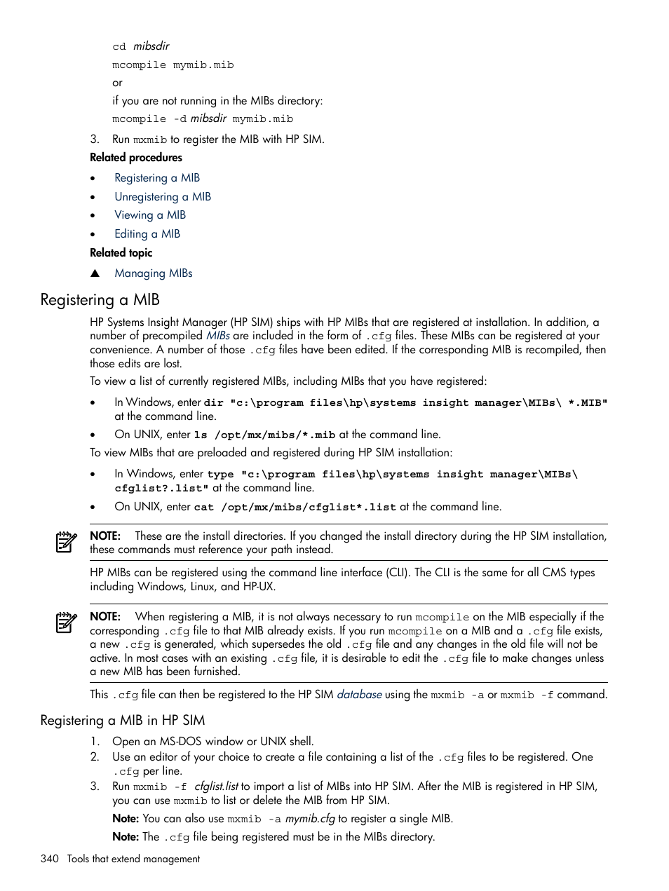 Registering a mib, Registering a mib in hp sim | HP Systems Insight Manager User Manual | Page 340 / 679