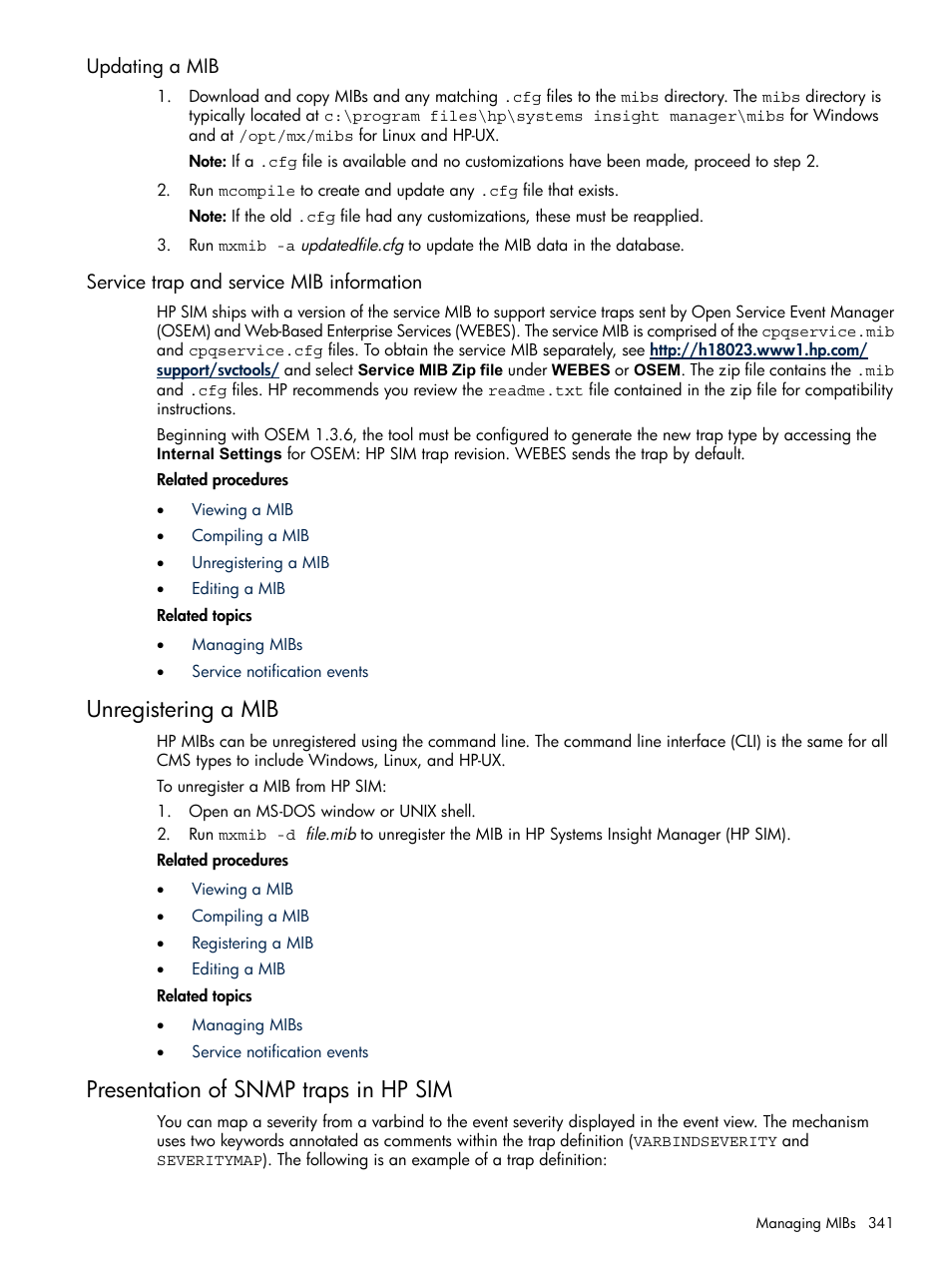 Updating a mib, Service trap and service mib information, Unregistering a mib | Presentation of snmp traps in hp sim | HP Systems Insight Manager User Manual | Page 341 / 679